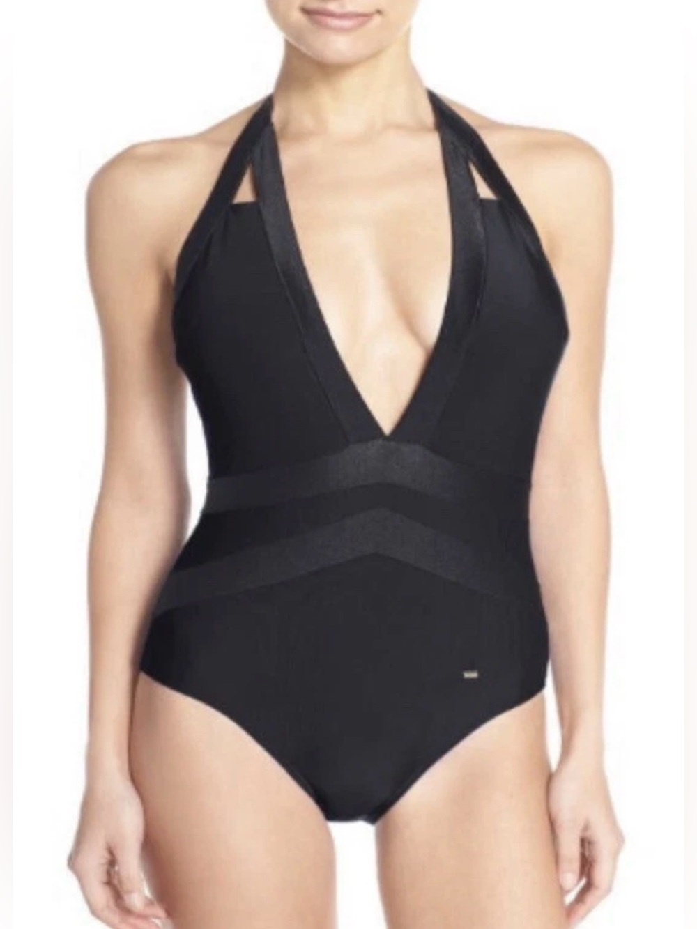 Ted Baker Black Halter Plunge V- Halter One-Piece Swimsuit